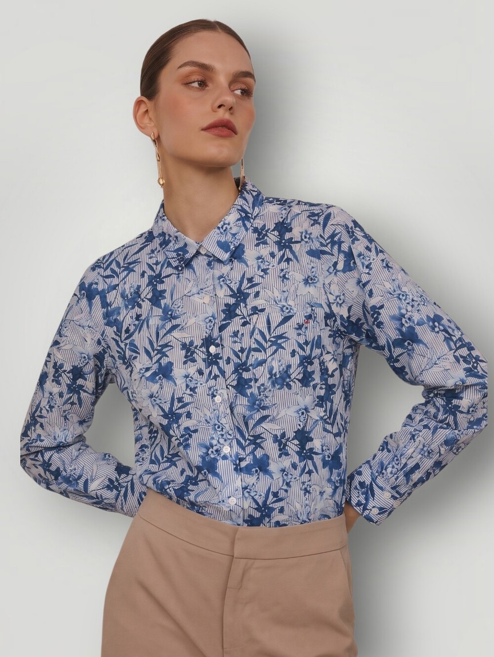 Tommy Hilfiger Floral Striped Roll Tab Shirt Large Blue White Coastal Preppy